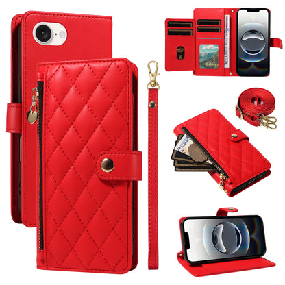 For iPhone 17e / 16e Wallet Case with Straps, Rhombus Leather Stand Phone Cover