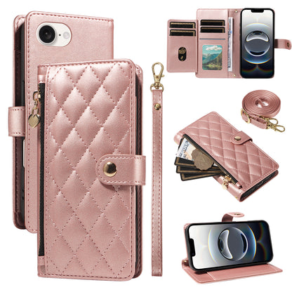 For iPhone 17e / 16e Wallet Case with Straps, Rhombus Leather Stand Phone Cover