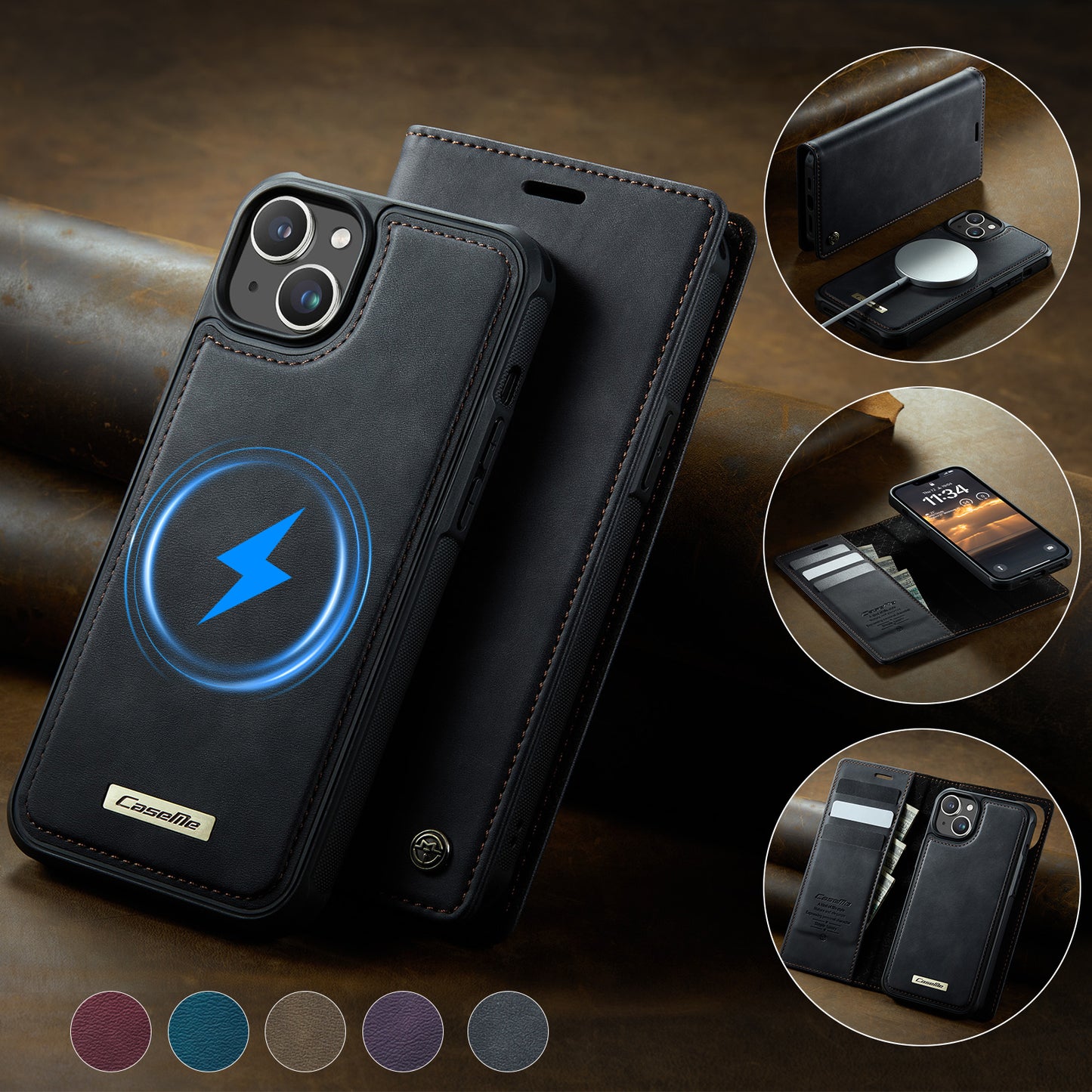CASEME For iPhone 15 Case  C49  Compatible with MagSafe RFID Blocking Detachable Wallet Leather Phone Cover