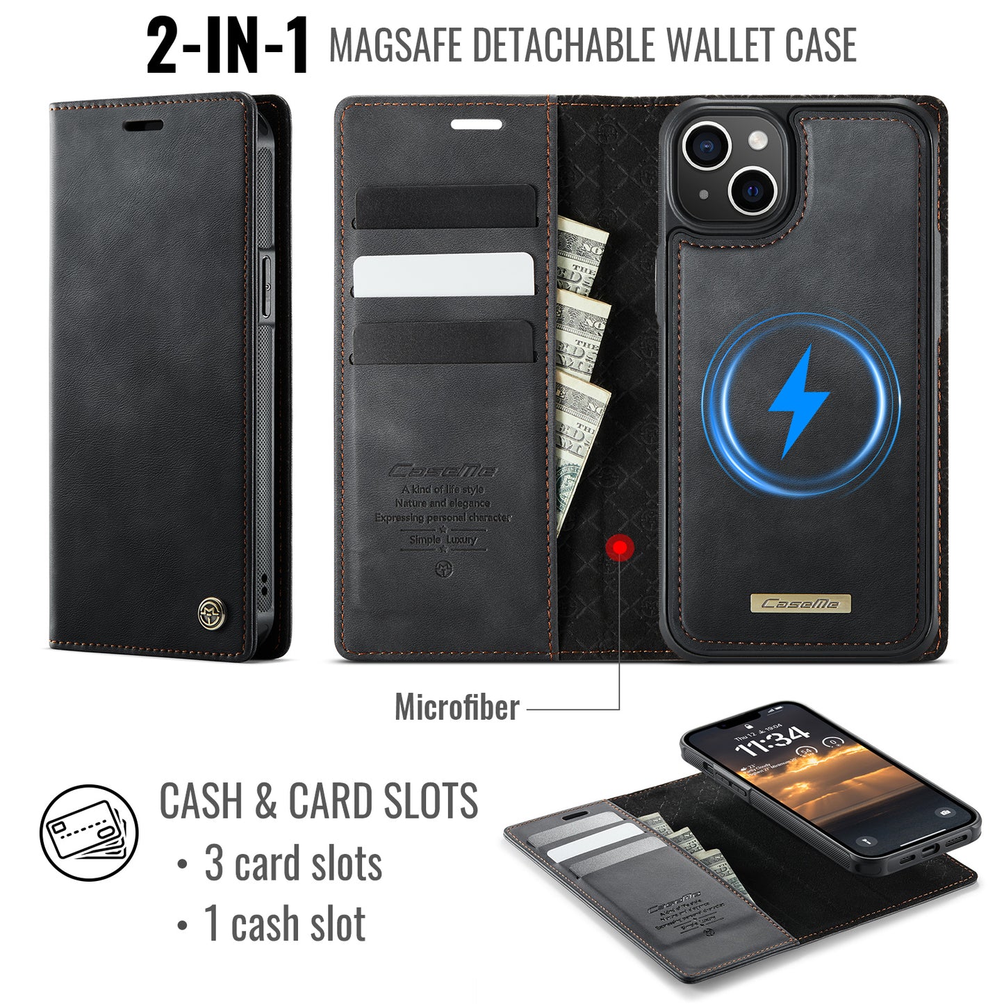 CASEME For iPhone 15 Case  C49  Compatible with MagSafe RFID Blocking Detachable Wallet Leather Phone Cover