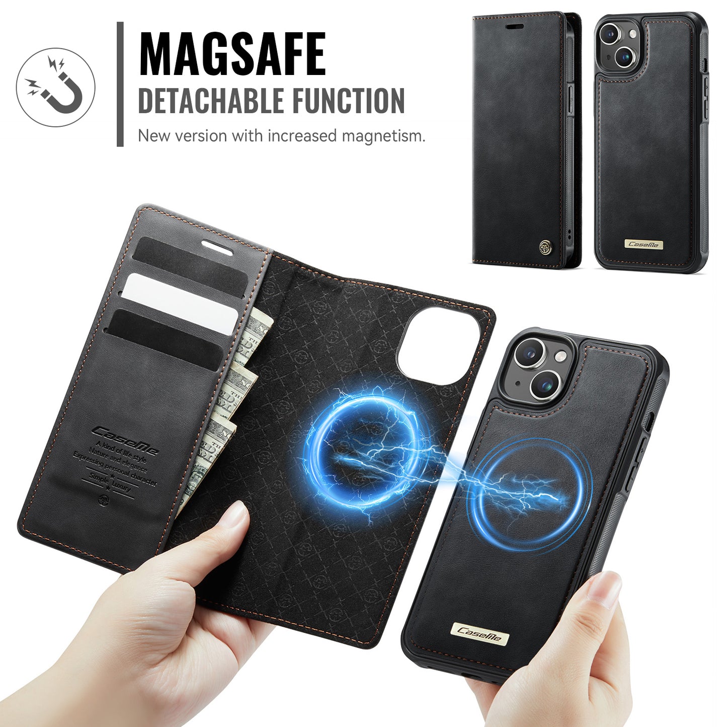 CASEME For iPhone 15 Case  C49  Compatible with MagSafe RFID Blocking Detachable Wallet Leather Phone Cover