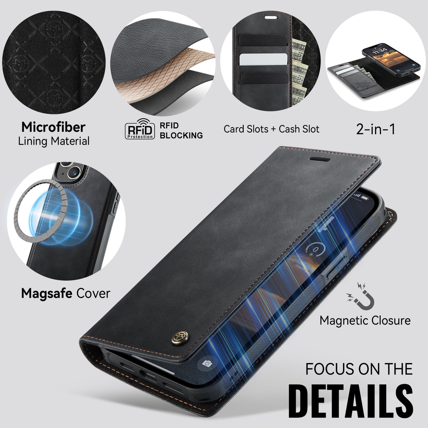 CASEME For iPhone 15 Case  C49  Compatible with MagSafe RFID Blocking Detachable Wallet Leather Phone Cover