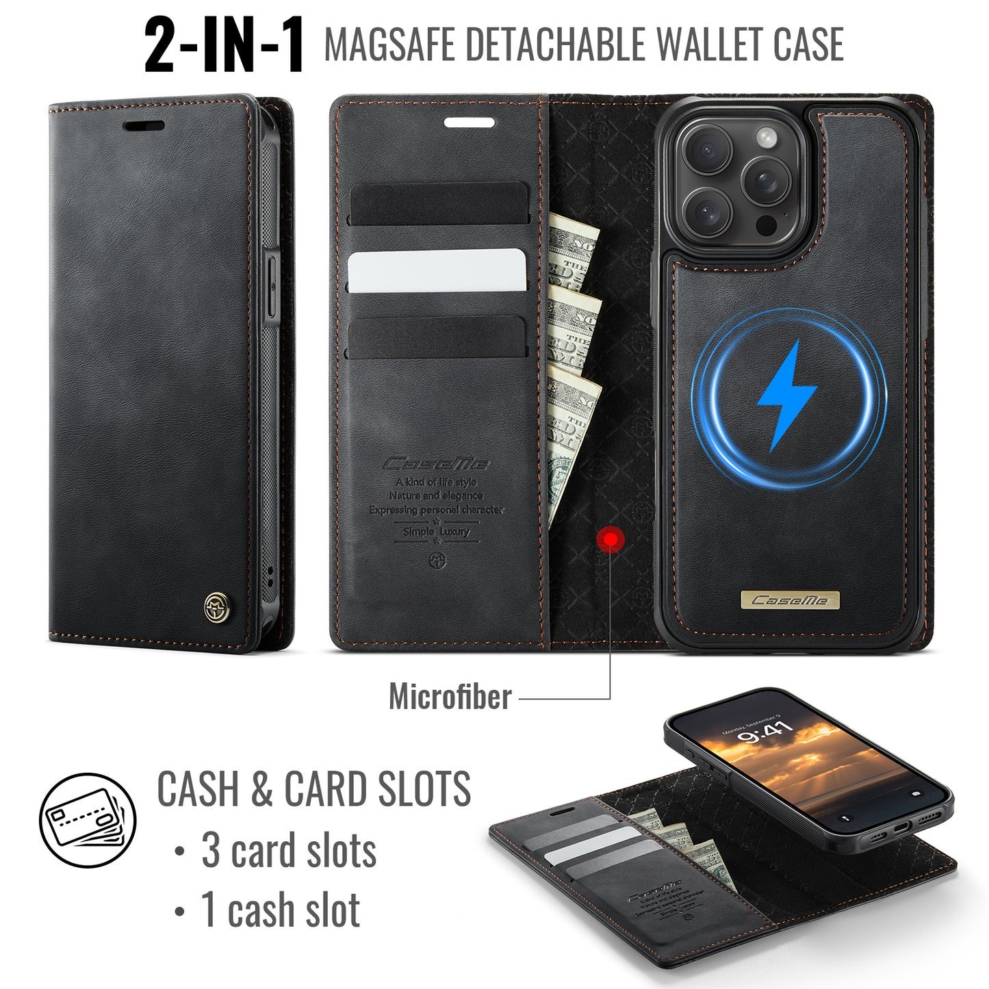 CASEME For iPhone 15 Pro Case  C49  Compatible with MagSafe RFID Blocking Detachable Wallet Leather Phone Cover