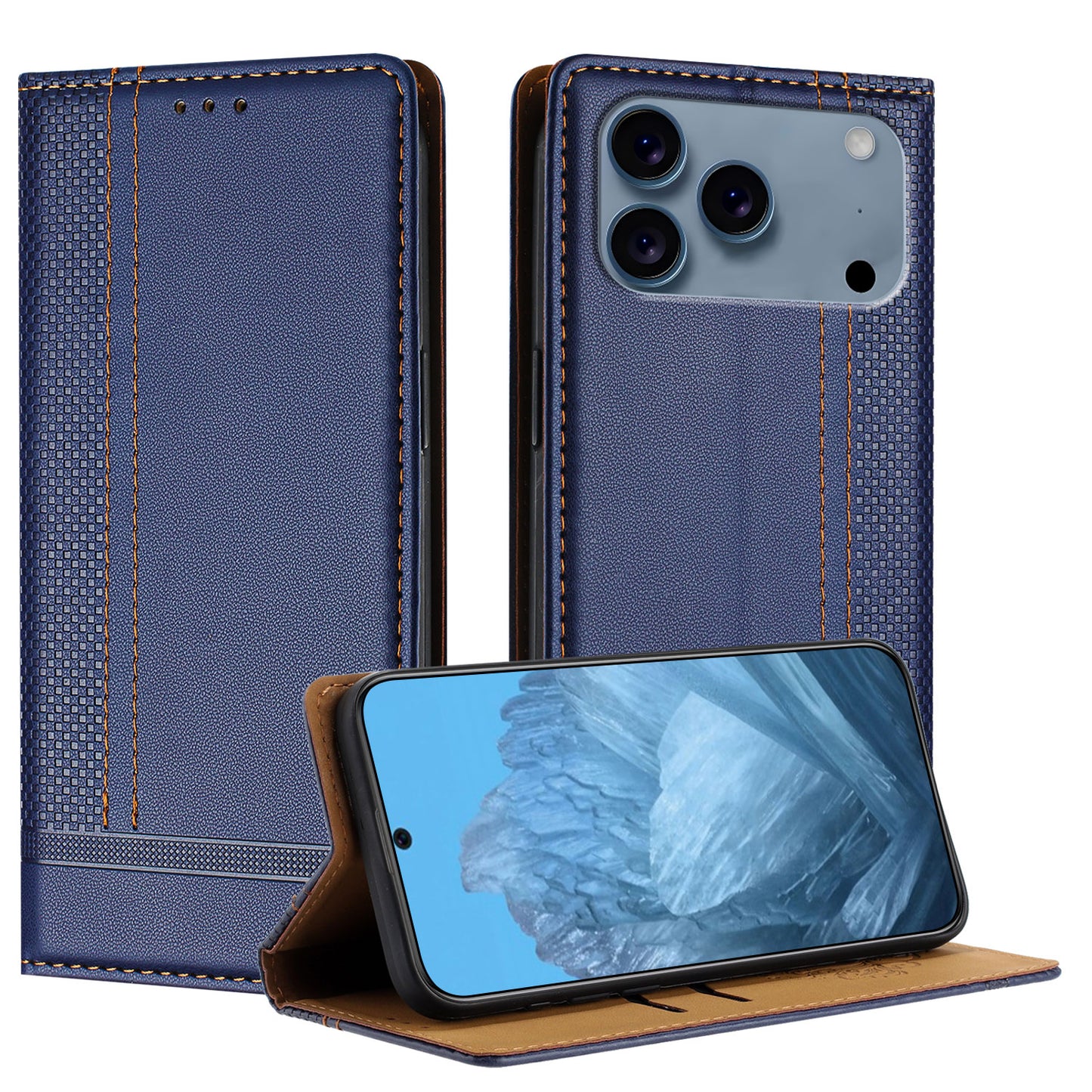 For iPhone 17 Pro Case L-Shaped Grid Pattern Leather Stand Phone Cover with Card Slots