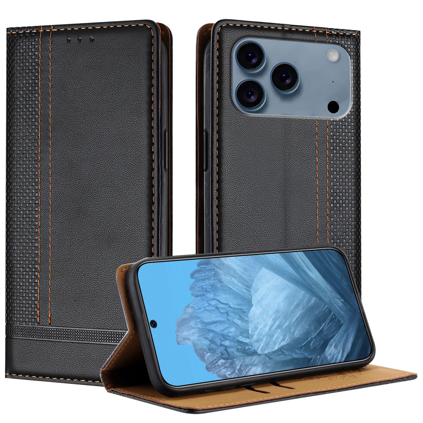 For iPhone 17 Pro Case L-Shaped Grid Pattern Leather Stand Phone Cover with Card Slots