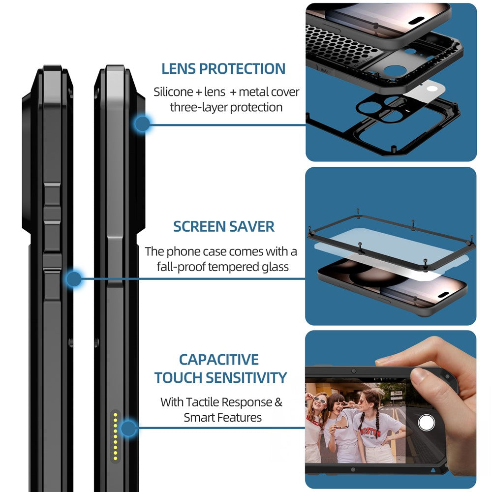 For iPhone 17 Pro Case Silicone + Metal Phone Cover with Tempered Glass Screen Protector