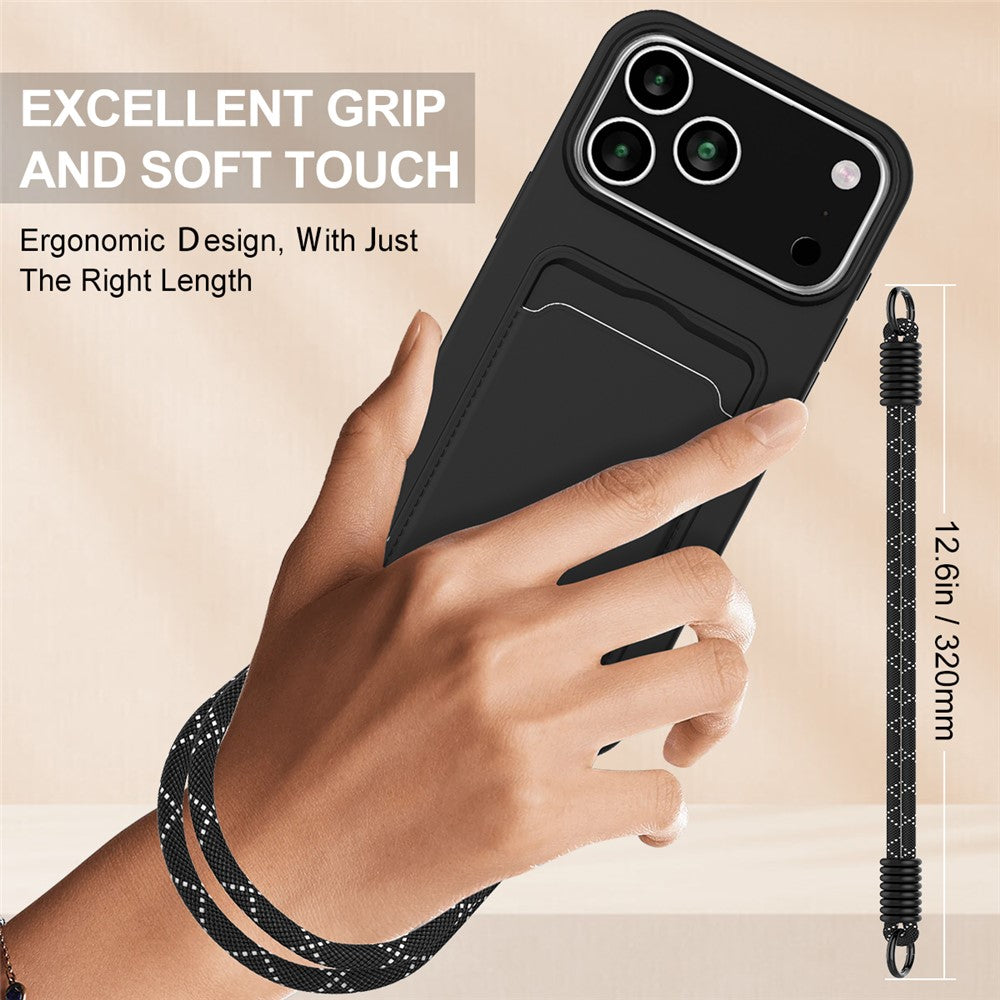 For iPhone 17 Pro Max Case Liquid Silicone Card Holder Phone Back Cover with Wrist Strap