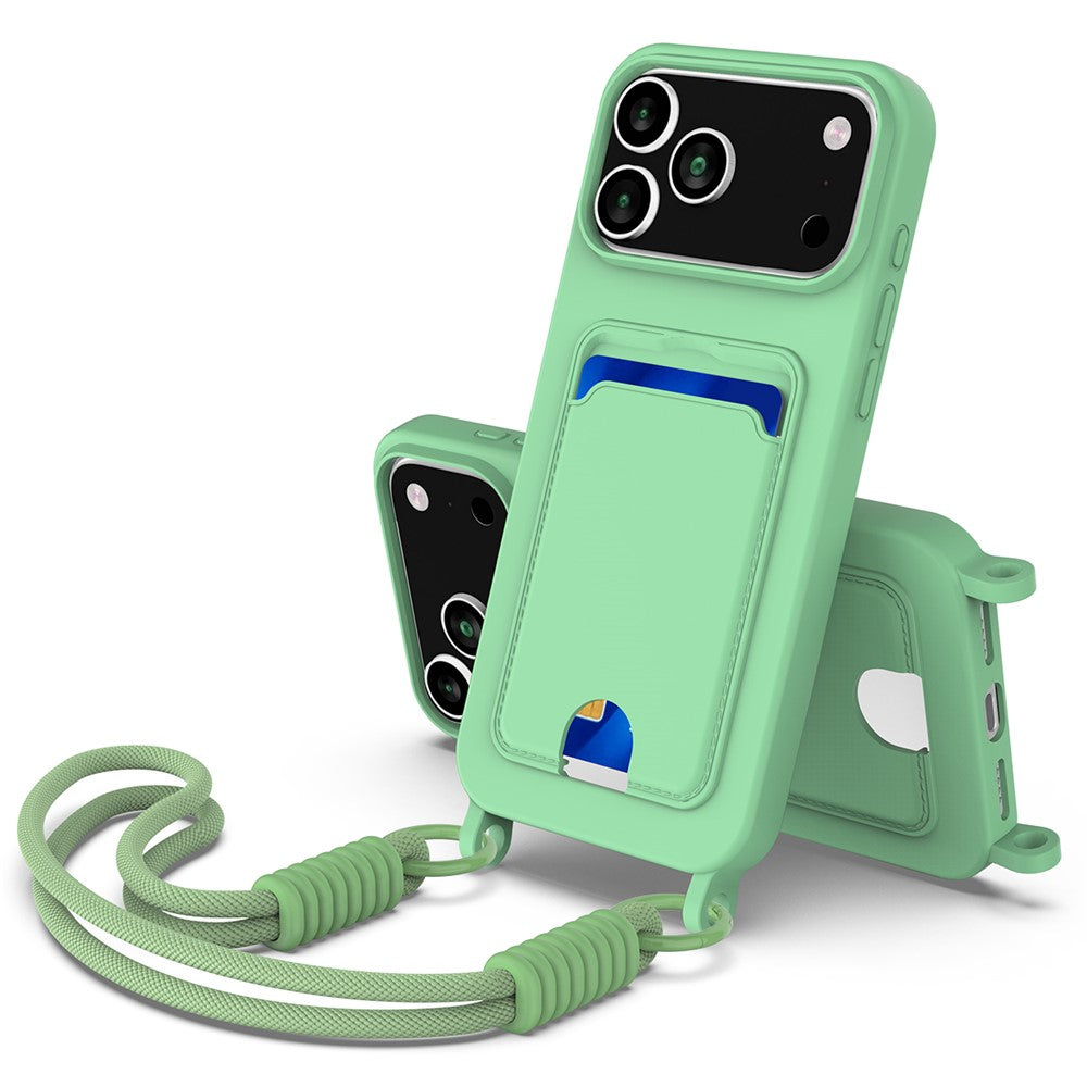 For iPhone 17 Pro Max Case Liquid Silicone Card Holder Phone Back Cover with Wrist Strap