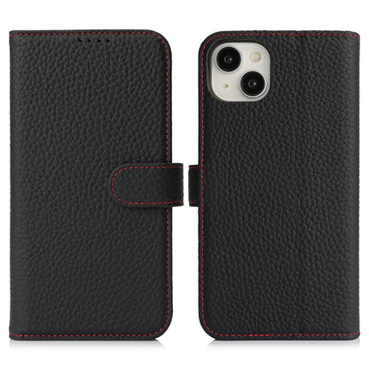 For iPhone 14  /  13 Stand Case Litchi Texture Genuine Cow Leather Wallet Phone Cover RFID Blocking