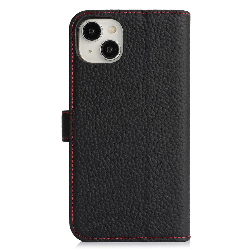 For iPhone 14  /  13 Stand Case Litchi Texture Genuine Cow Leather Wallet Phone Cover RFID Blocking