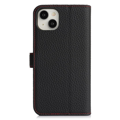 For iPhone 14  /  13 Stand Case Litchi Texture Genuine Cow Leather Wallet Phone Cover RFID Blocking