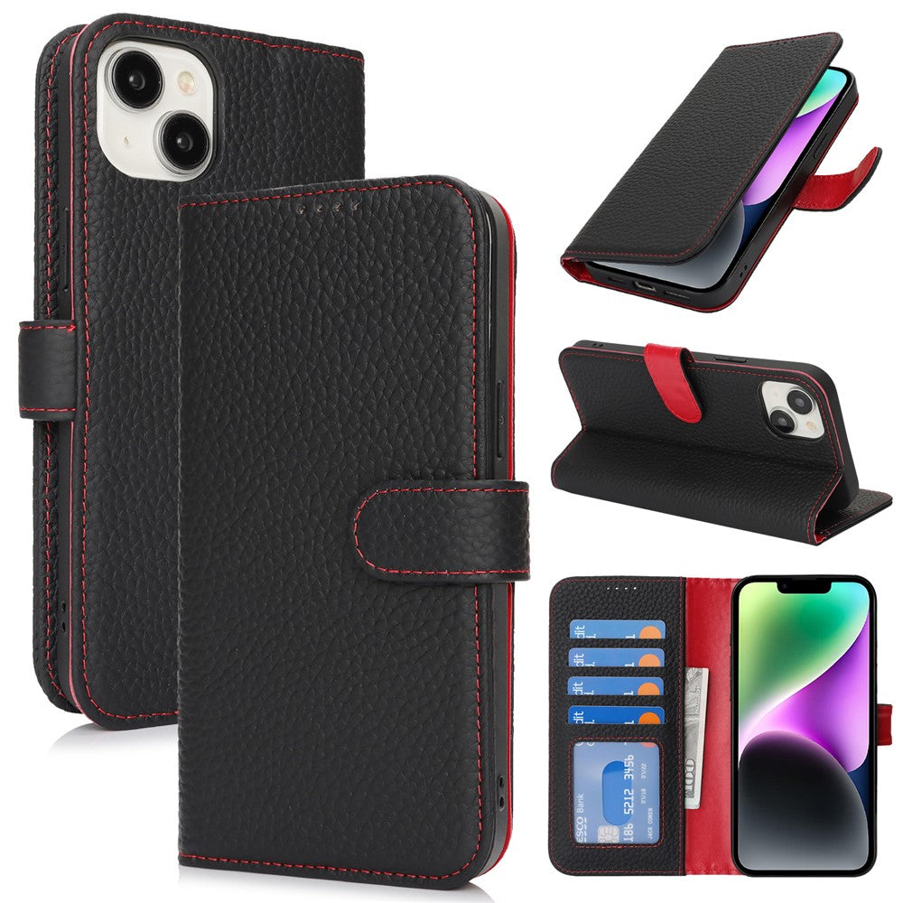 For iPhone 14  /  13 Stand Case Litchi Texture Genuine Cow Leather Wallet Phone Cover RFID Blocking