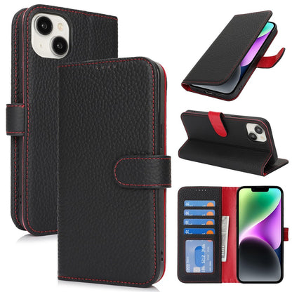 For iPhone 14  /  13 Stand Case Litchi Texture Genuine Cow Leather Wallet Phone Cover RFID Blocking