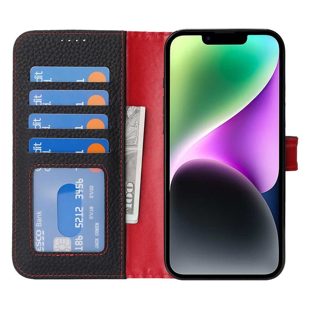 For iPhone 14  /  13 Stand Case Litchi Texture Genuine Cow Leather Wallet Phone Cover RFID Blocking
