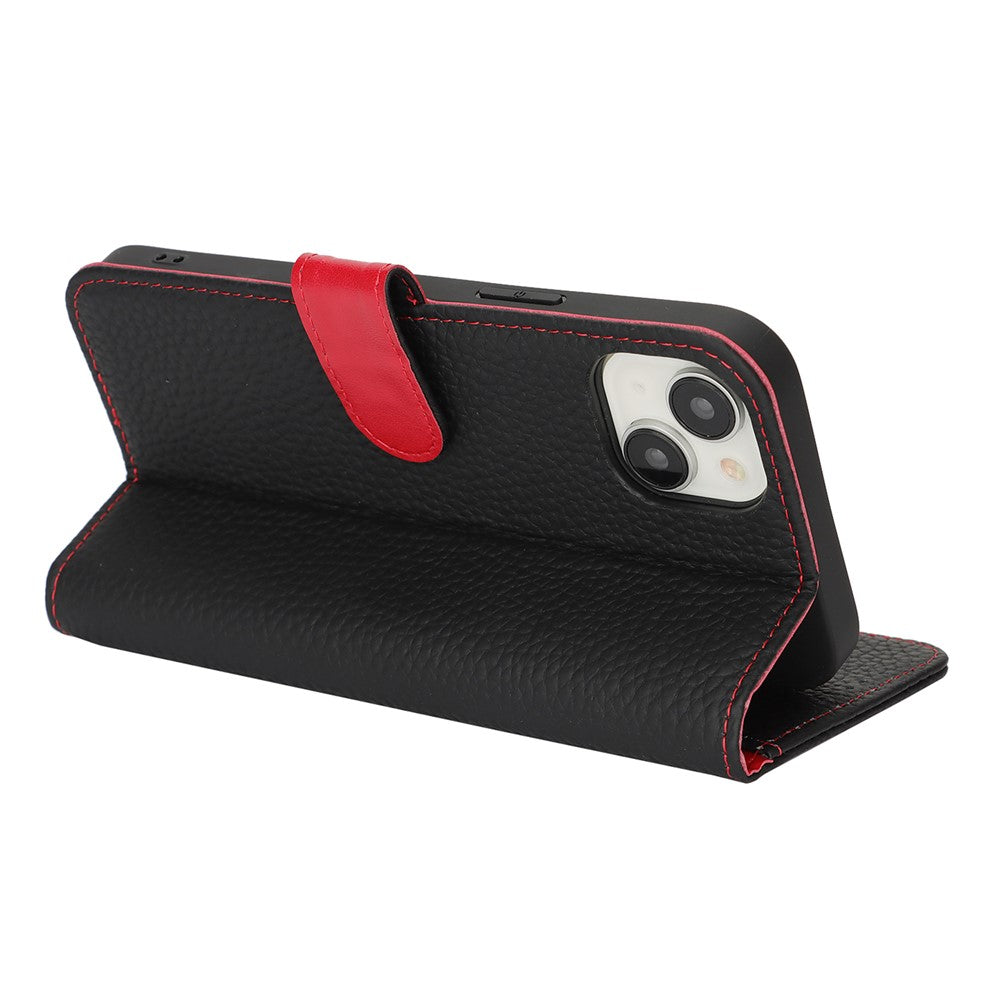 For iPhone 14  /  13 Stand Case Litchi Texture Genuine Cow Leather Wallet Phone Cover RFID Blocking