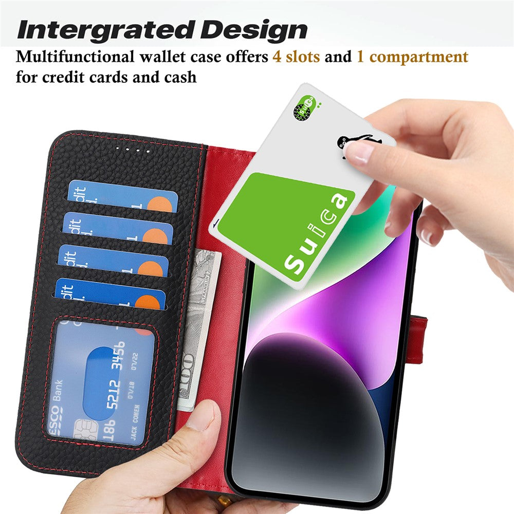 For iPhone 14  /  13 Stand Case Litchi Texture Genuine Cow Leather Wallet Phone Cover RFID Blocking