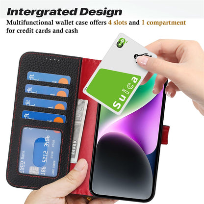 For iPhone 14  /  13 Stand Case Litchi Texture Genuine Cow Leather Wallet Phone Cover RFID Blocking
