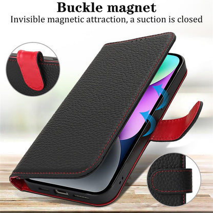For iPhone 14  /  13 Stand Case Litchi Texture Genuine Cow Leather Wallet Phone Cover RFID Blocking