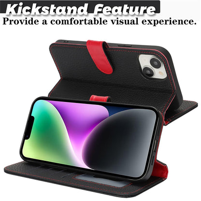 For iPhone 14  /  13 Stand Case Litchi Texture Genuine Cow Leather Wallet Phone Cover RFID Blocking