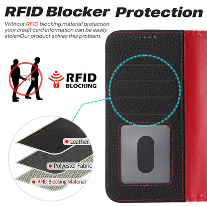 For iPhone 14  /  13 Stand Case Litchi Texture Genuine Cow Leather Wallet Phone Cover RFID Blocking