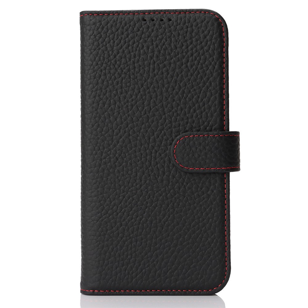 For iPhone 14  /  13 Stand Case Litchi Texture Genuine Cow Leather Wallet Phone Cover RFID Blocking