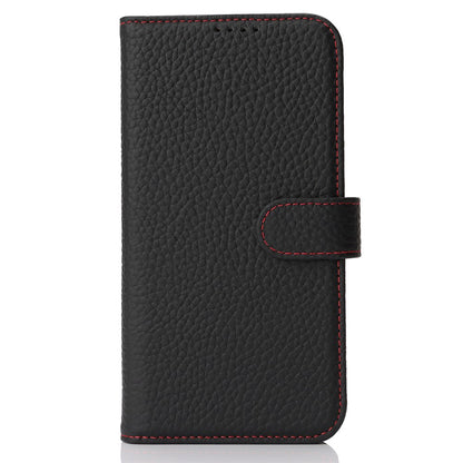 For iPhone 14  /  13 Stand Case Litchi Texture Genuine Cow Leather Wallet Phone Cover RFID Blocking