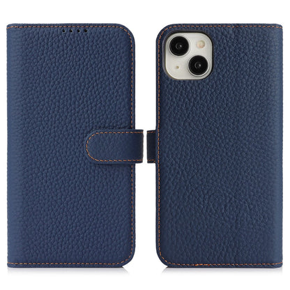 For iPhone 14  /  13 Stand Case Litchi Texture Genuine Cow Leather Wallet Phone Cover RFID Blocking