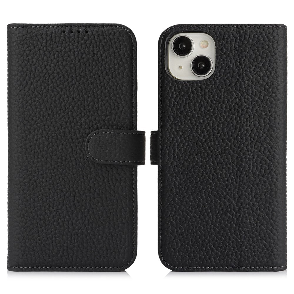 For iPhone 14  /  13 Stand Case Litchi Texture Genuine Cow Leather Wallet Phone Cover RFID Blocking