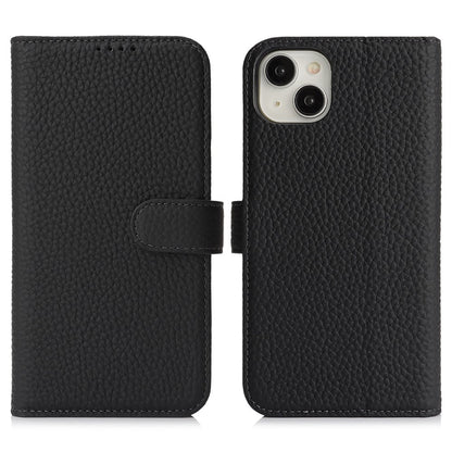 For iPhone 14  /  13 Stand Case Litchi Texture Genuine Cow Leather Wallet Phone Cover RFID Blocking