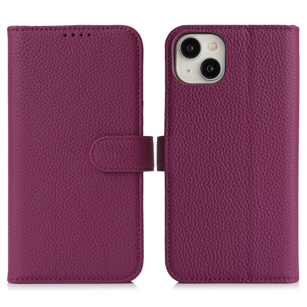 For iPhone 14  /  13 Stand Case Litchi Texture Genuine Cow Leather Wallet Phone Cover RFID Blocking