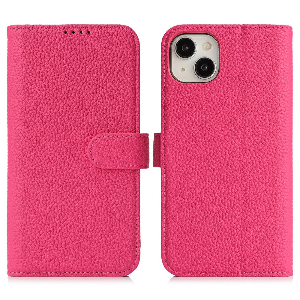 For iPhone 14  /  13 Stand Case Litchi Texture Genuine Cow Leather Wallet Phone Cover RFID Blocking