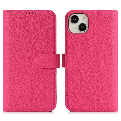 For iPhone 14  /  13 Stand Case Litchi Texture Genuine Cow Leather Wallet Phone Cover RFID Blocking