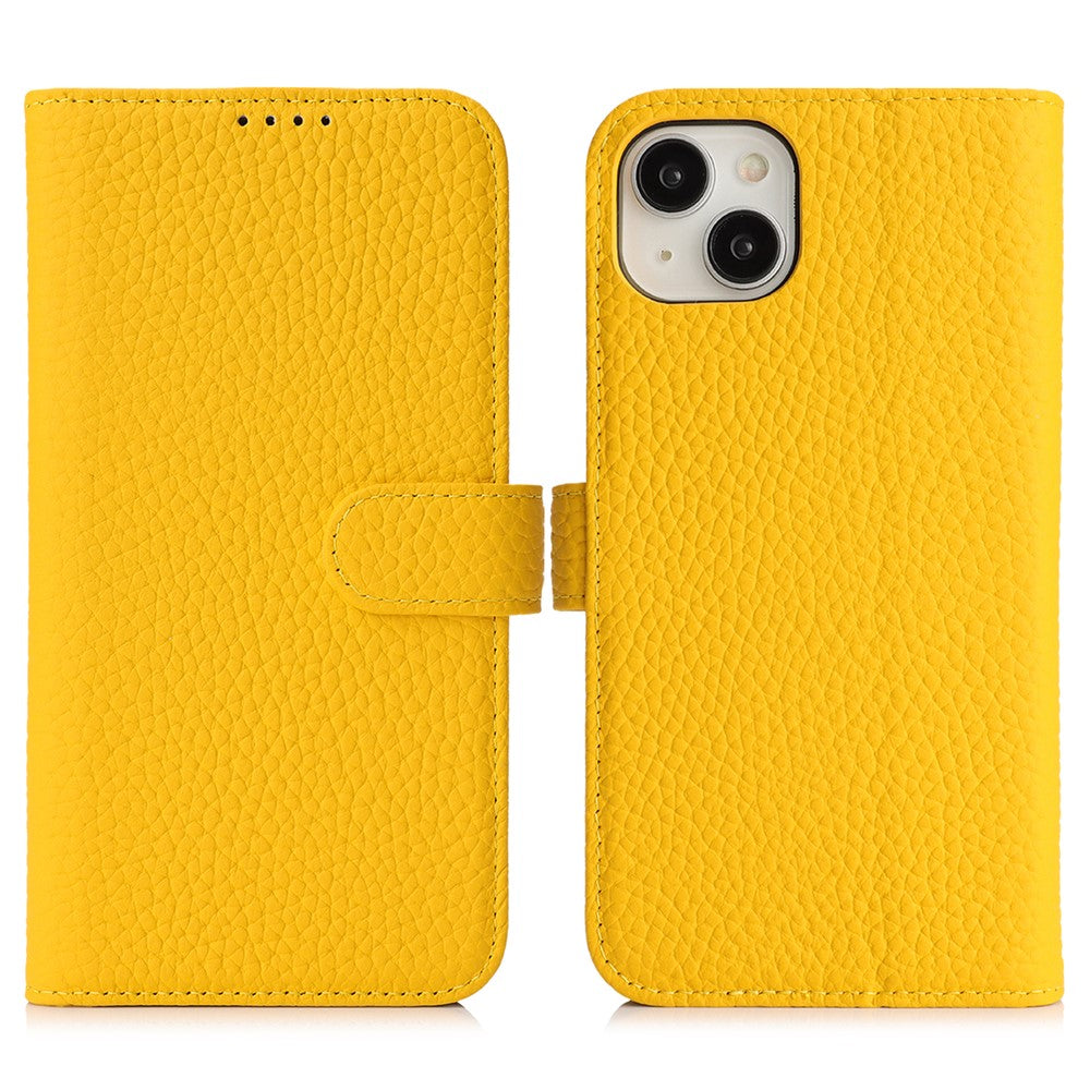 For iPhone 14  /  13 Stand Case Litchi Texture Genuine Cow Leather Wallet Phone Cover RFID Blocking