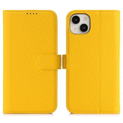 For iPhone 14  /  13 Stand Case Litchi Texture Genuine Cow Leather Wallet Phone Cover RFID Blocking