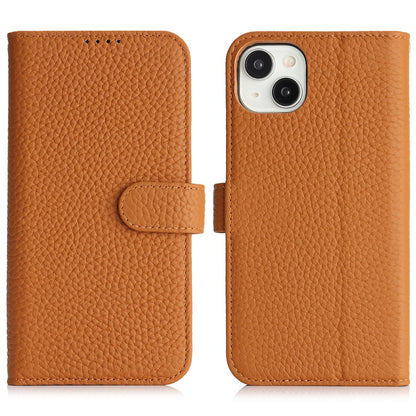 For iPhone 14  /  13 Stand Case Litchi Texture Genuine Cow Leather Wallet Phone Cover RFID Blocking