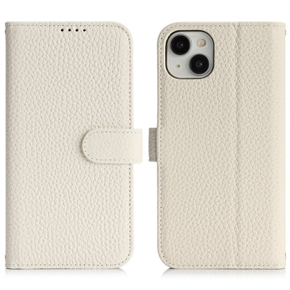 For iPhone 14  /  13 Stand Case Litchi Texture Genuine Cow Leather Wallet Phone Cover RFID Blocking