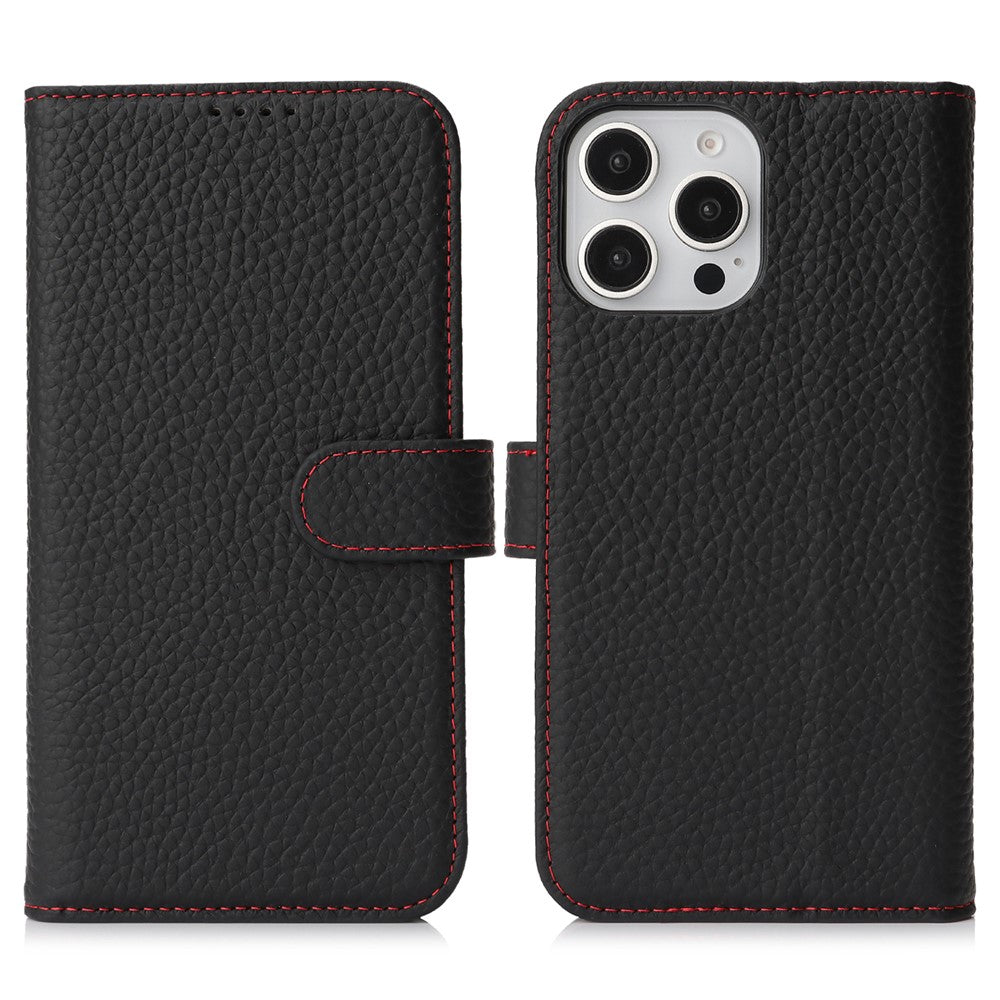 For iPhone 15 Pro Stand Case Litchi Texture Genuine Cow Leather Wallet Phone Cover RFID Blocking