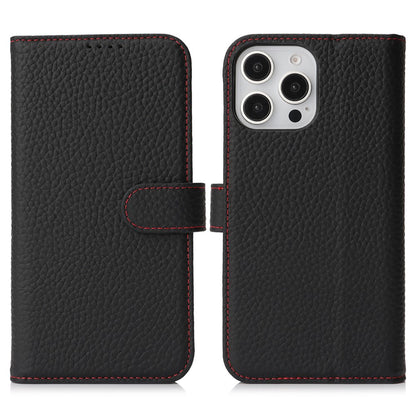For iPhone 15 Pro Stand Case Litchi Texture Genuine Cow Leather Wallet Phone Cover RFID Blocking