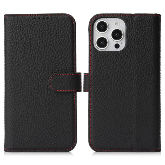 For iPhone 15 Pro Stand Case Litchi Texture Genuine Cow Leather Wallet Phone Cover RFID Blocking