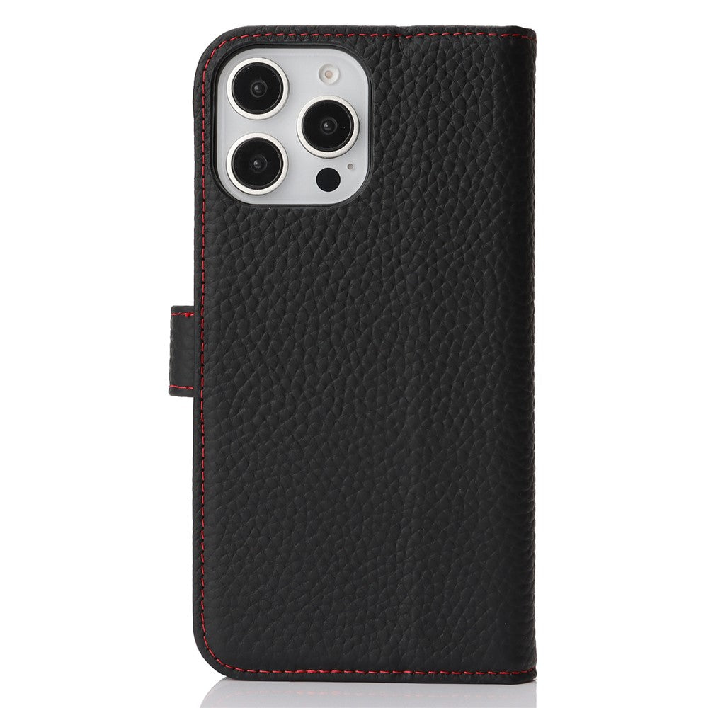 For iPhone 15 Pro Stand Case Litchi Texture Genuine Cow Leather Wallet Phone Cover RFID Blocking