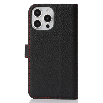 For iPhone 15 Pro Stand Case Litchi Texture Genuine Cow Leather Wallet Phone Cover RFID Blocking
