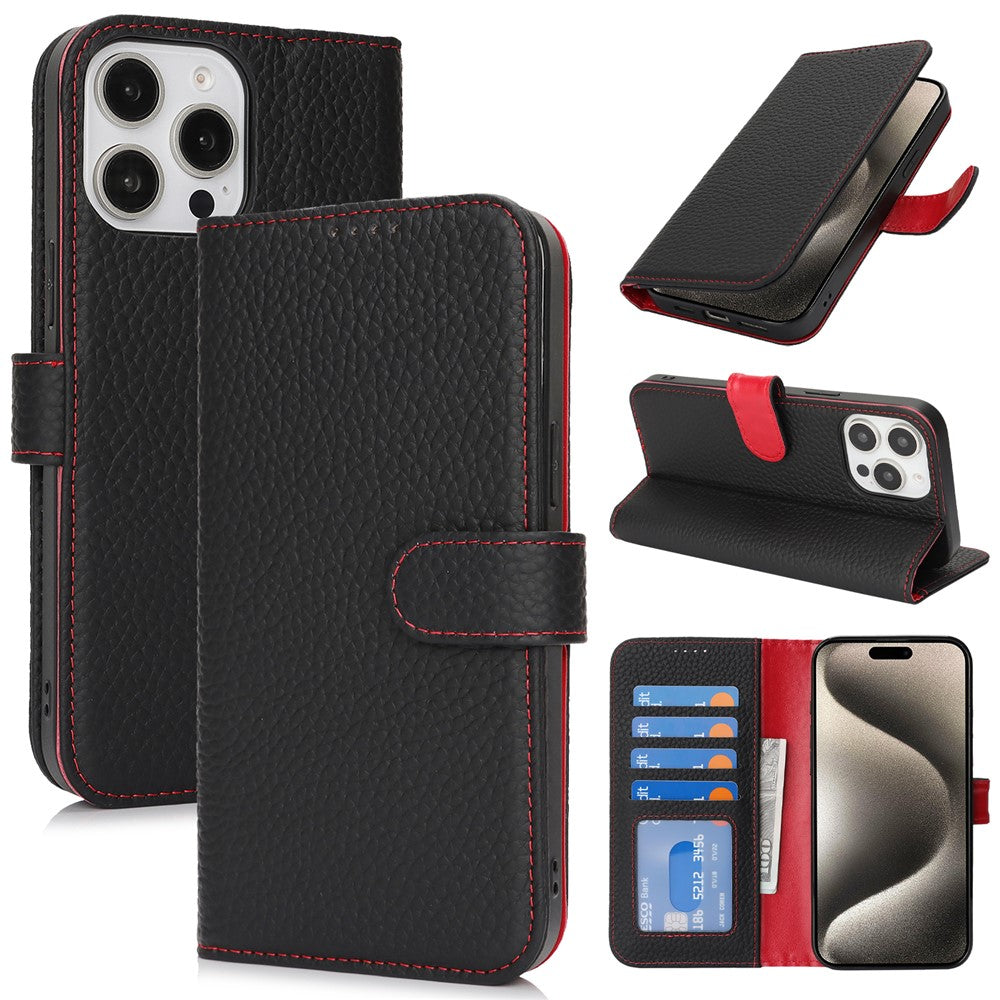 For iPhone 15 Pro Stand Case Litchi Texture Genuine Cow Leather Wallet Phone Cover RFID Blocking