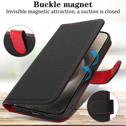 For iPhone 15 Pro Stand Case Litchi Texture Genuine Cow Leather Wallet Phone Cover RFID Blocking