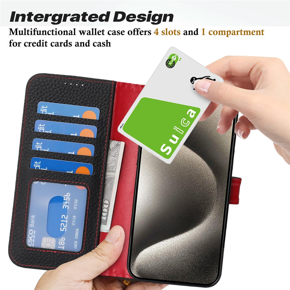 For iPhone 15 Pro Stand Case Litchi Texture Genuine Cow Leather Wallet Phone Cover RFID Blocking