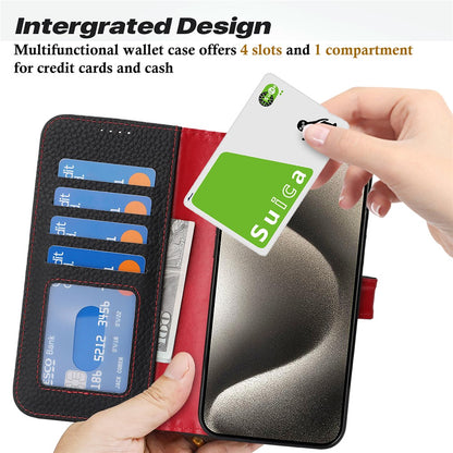 For iPhone 15 Pro Stand Case Litchi Texture Genuine Cow Leather Wallet Phone Cover RFID Blocking