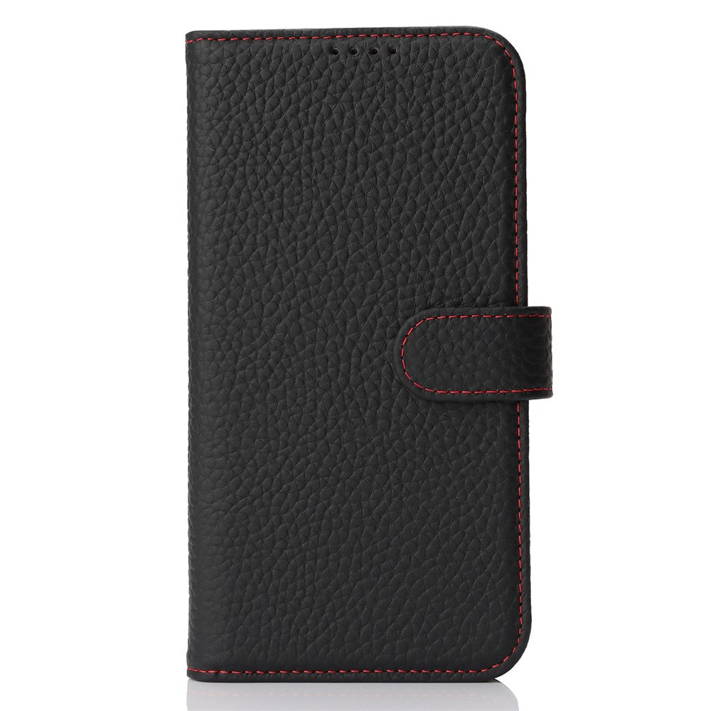 For iPhone 15 Pro Stand Case Litchi Texture Genuine Cow Leather Wallet Phone Cover RFID Blocking