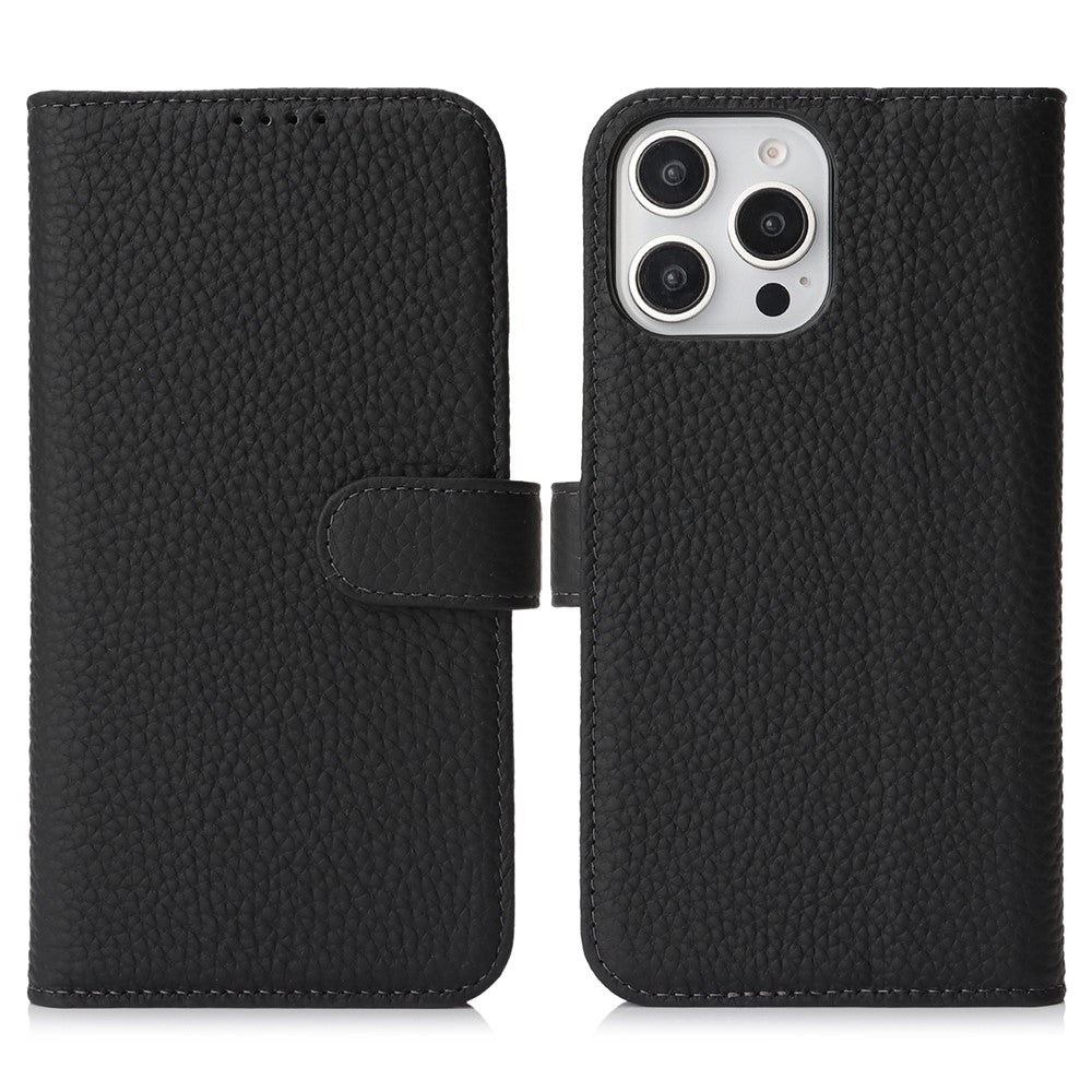 For iPhone 15 Pro Stand Case Litchi Texture Genuine Cow Leather Wallet Phone Cover RFID Blocking