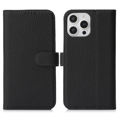For iPhone 15 Pro Stand Case Litchi Texture Genuine Cow Leather Wallet Phone Cover RFID Blocking