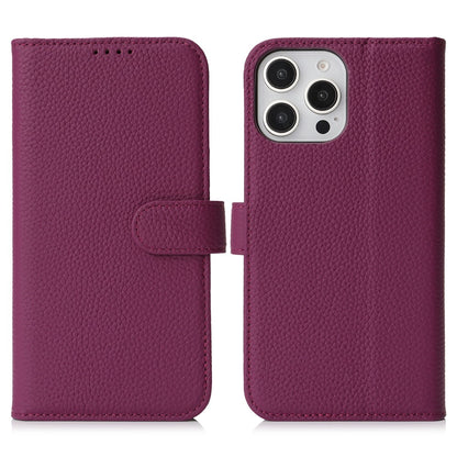 For iPhone 15 Pro Stand Case Litchi Texture Genuine Cow Leather Wallet Phone Cover RFID Blocking