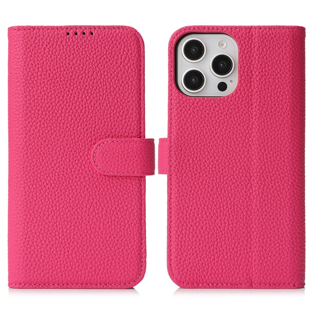 For iPhone 15 Pro Stand Case Litchi Texture Genuine Cow Leather Wallet Phone Cover RFID Blocking